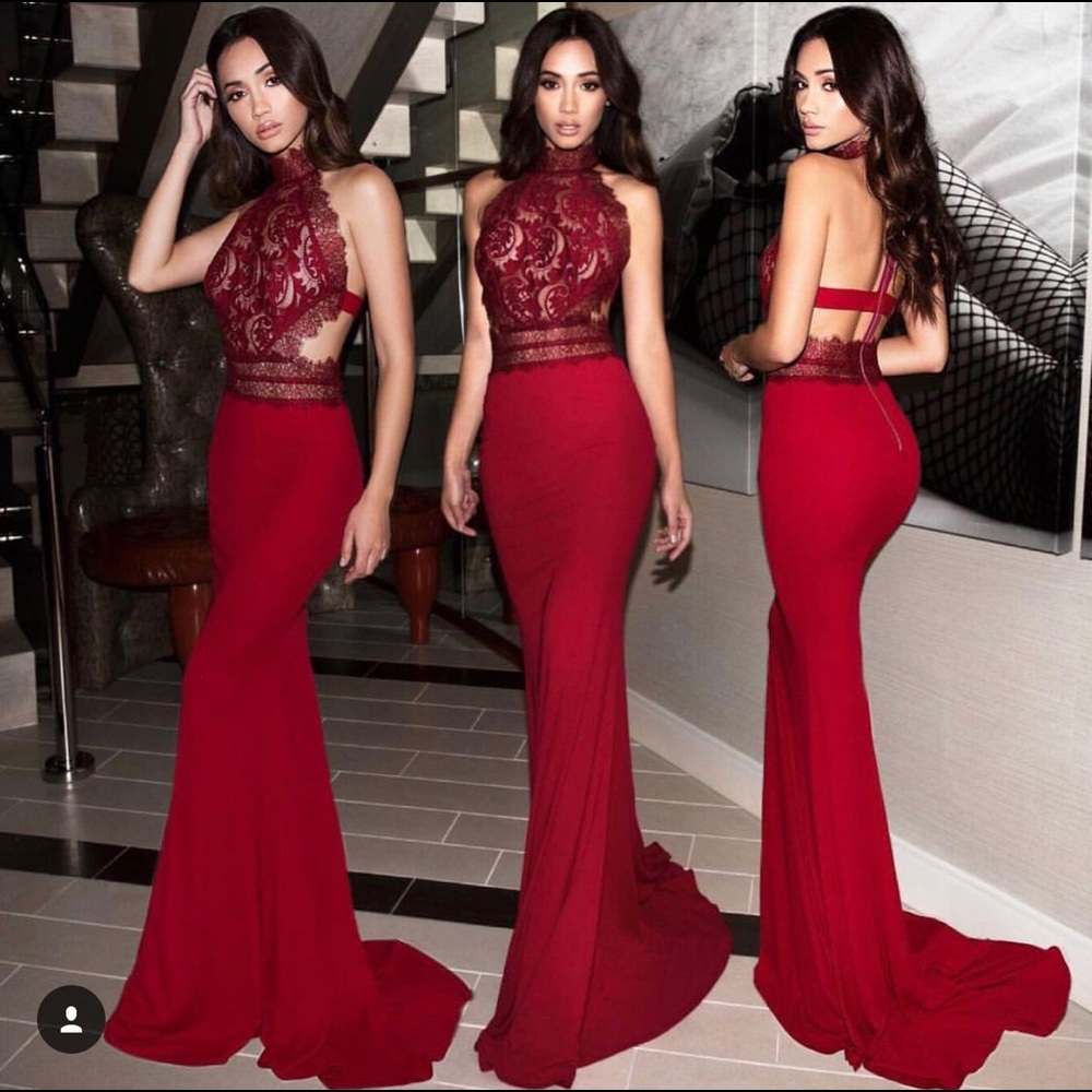 Red lace prom dress